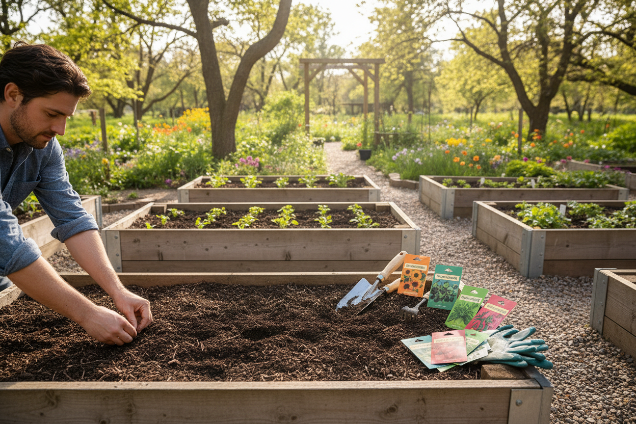 Backyard garden with raised beds and seed planting